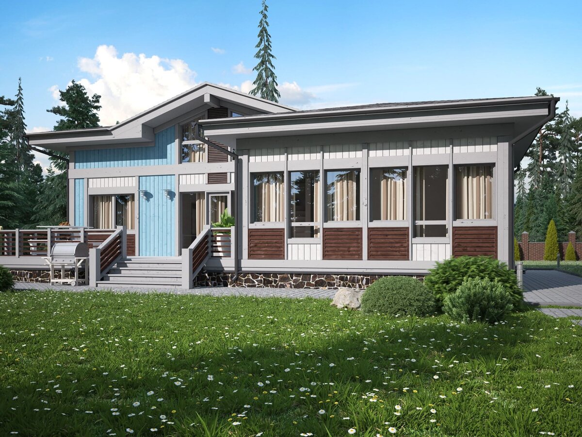 Одноэтажный загородный дом с антресолью по проекту "Мелау" компании NATURI