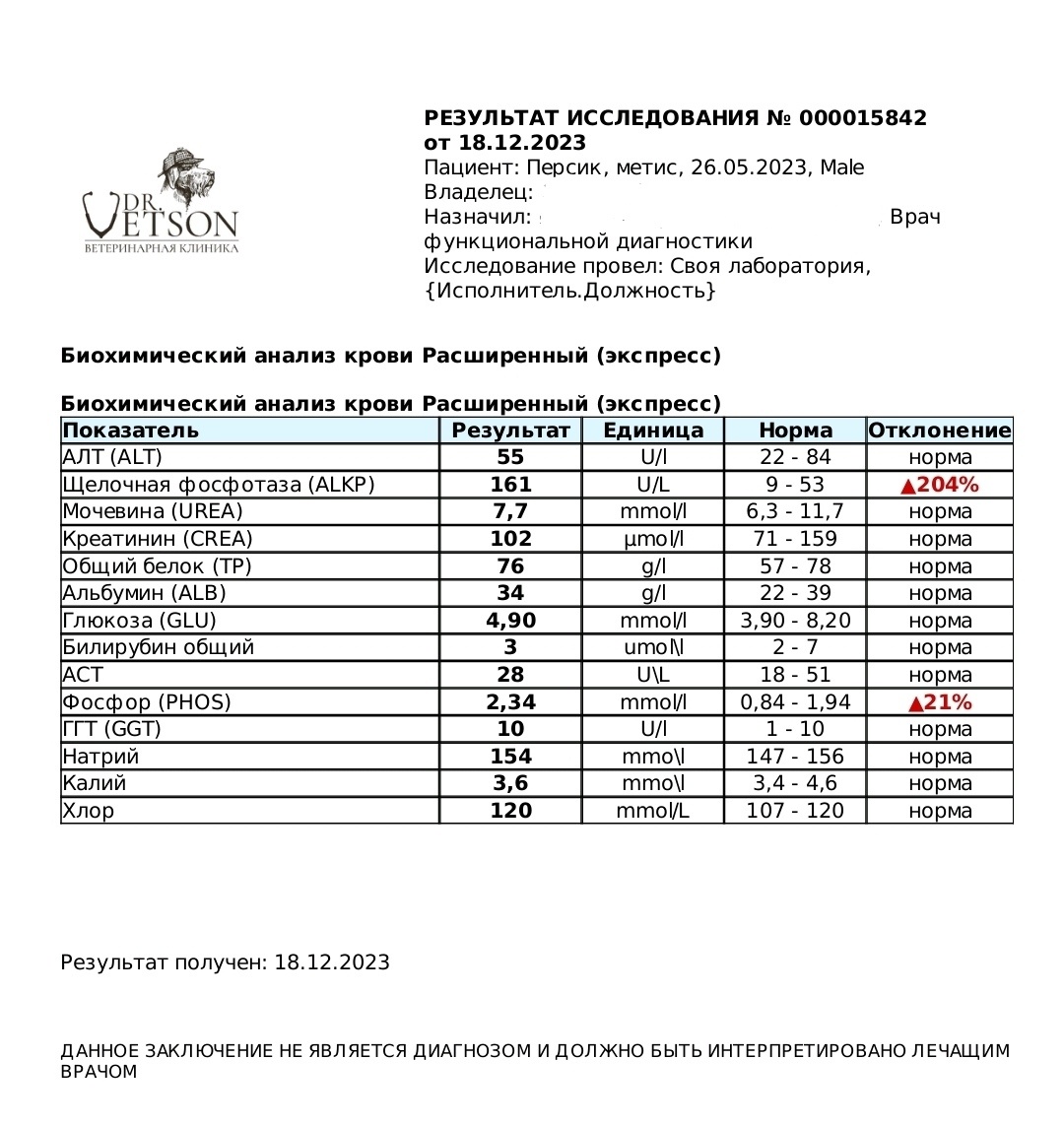 Биохимический анализ крови кота Персика. 