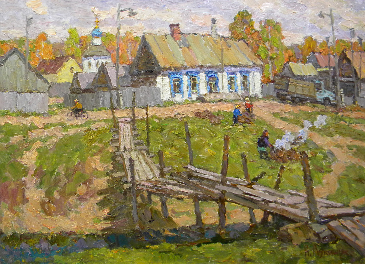 Николай Лукашук "Мостик через Воложку" 2020 картон, масло 50х70