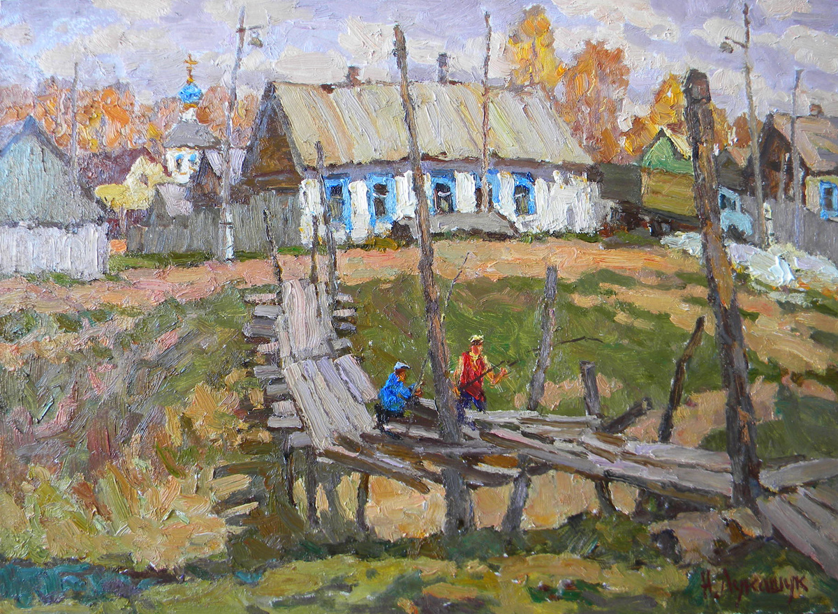 Николай Лукашук "Мостик через Воложку" 2020 картон, масло 50х70