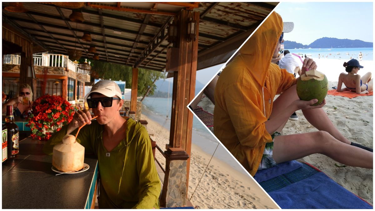 Кокосы — популярный напиток в тропических странах. На тарелке рядом с кокосом лежит ложечка, словно приглашение попробовать свежую сочную мякоть прямо изнутри плода.