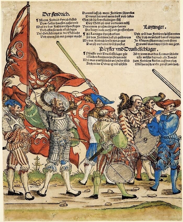 Э. Шён. Гравюра на дереве Поход ландскнехтов. Нюрнберг, 1532 – 1542 гг. Музей герцога Антона Ульриха, Брауншвейг, Германия.