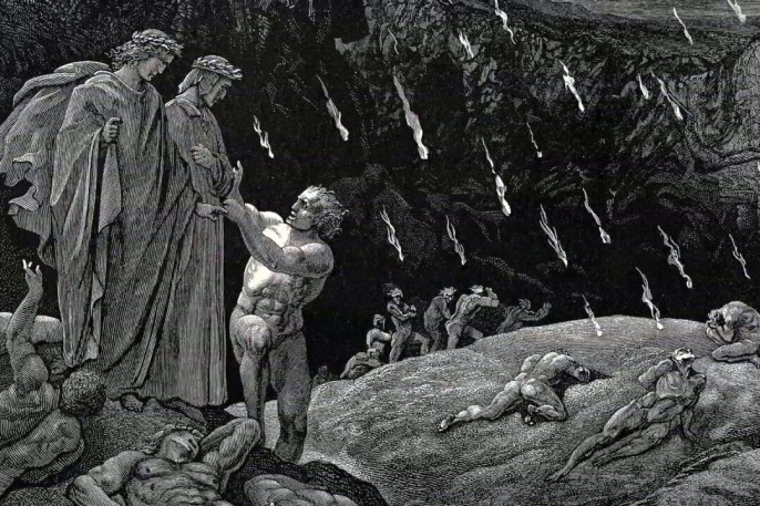 Гюстав Доре. Данте и Вергилий наблюдают за мучениями осквернитей святынь.