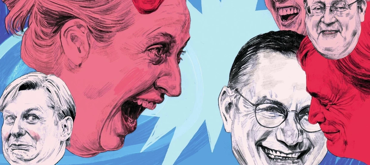 Громко смеющиеся политики партии «Альтернатива для Германии» (AfD), слева направо: Максимилиан Кра, Алиса Вайдель, Александр Гауланд, Тино Хрупалла, Беатрикс фон Шторх, Бернд Бауманн, Стефан Бранднер © Silke Werzinger