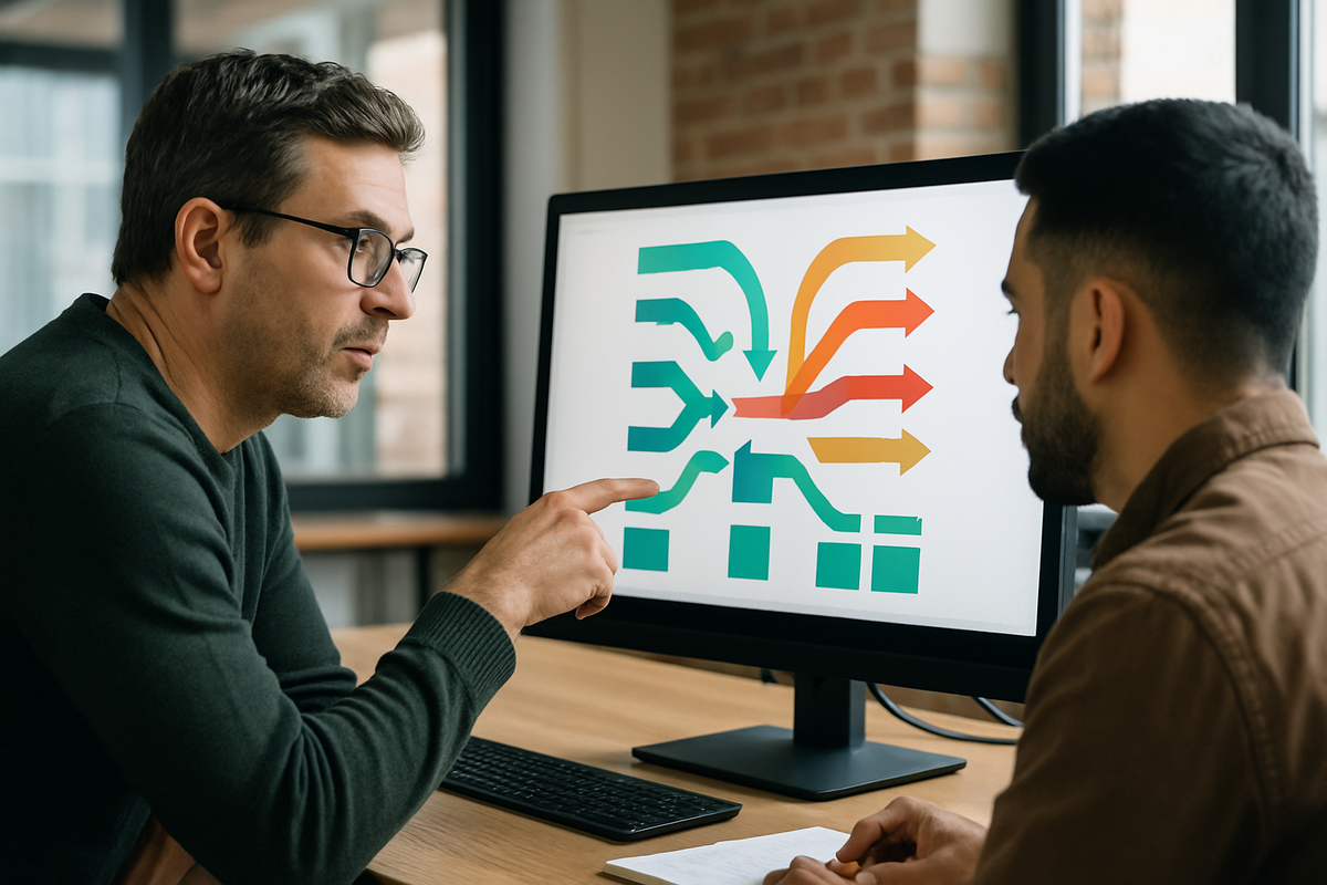 Инженеры обсуждают на экране схему стрелочного потока телеметрических данных — визуальное воплощение второй фазы проекта OTel-Arrow по бескопирной передаче в колонках.
