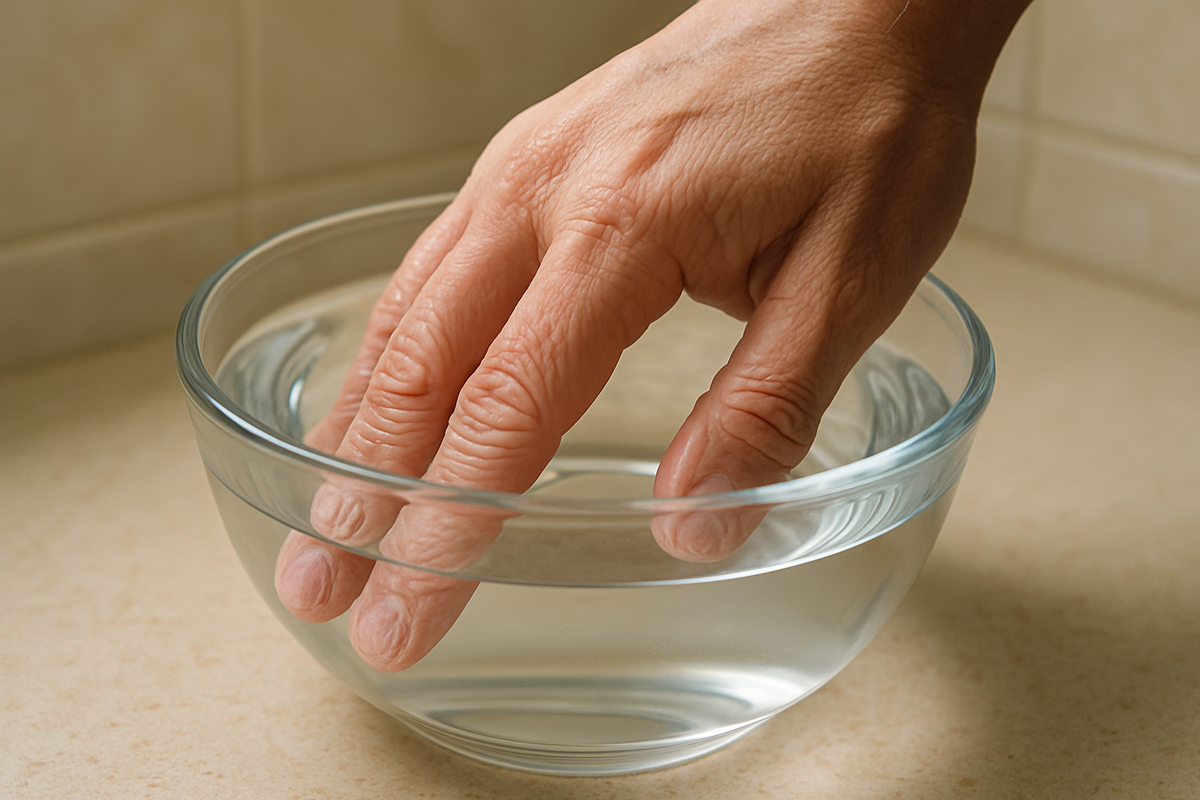 Крупный план пальцев, погружённых в воду: отчётливые одинаковые морщинки визуально подчёркивают постоянство узора при каждом замачивании.