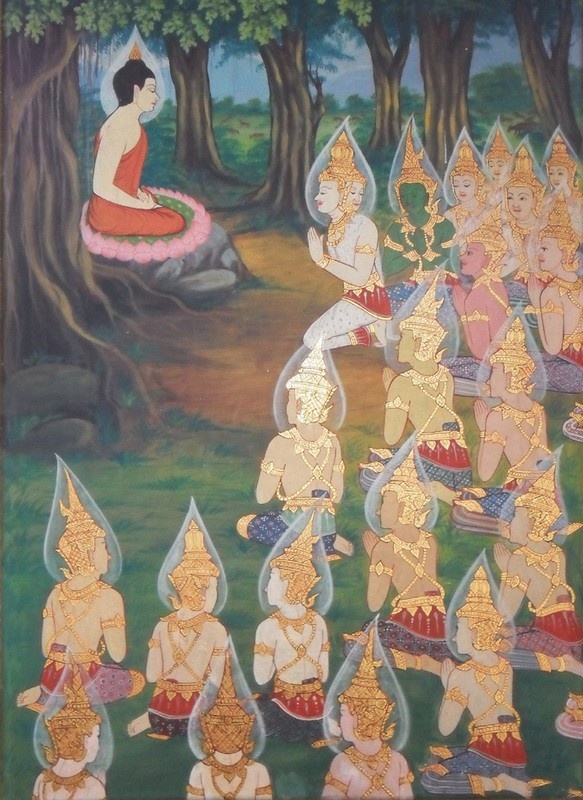 Будда в окружении последователей. Роспись в буддийском храме в Таиланде. Wikimedia Commons