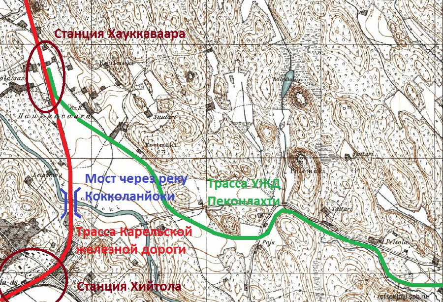 Станция Хауккаваара и начальный участок трассы разобранной узкоколейной железной дороги к лесопилке Пеконлахти на финской картографической основе 1930-х г.г.