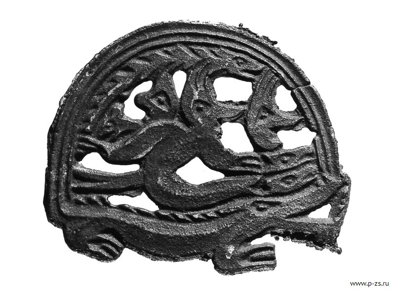 Бляха с человеколосем на ящере и длинной рыбой сверху (Республика Коми, Бронза, VI-IX вв.) 