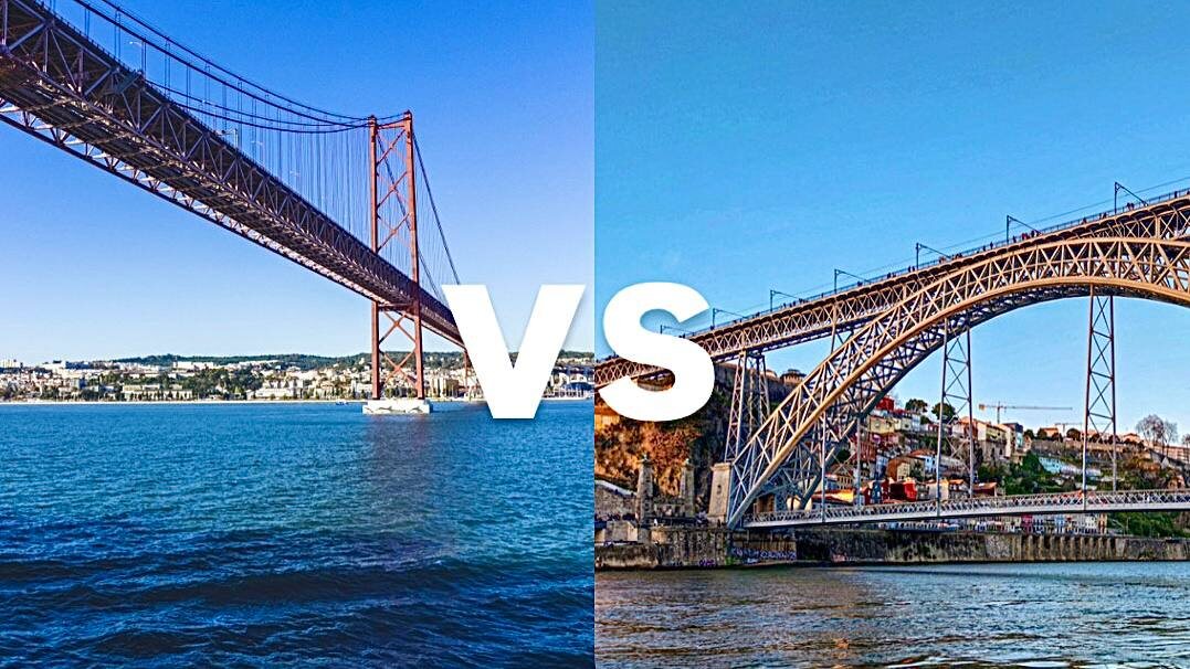 Мост 25 апреля через реку Тежу в Лиссабоне и мост Луиша I через реку Дору в Порту