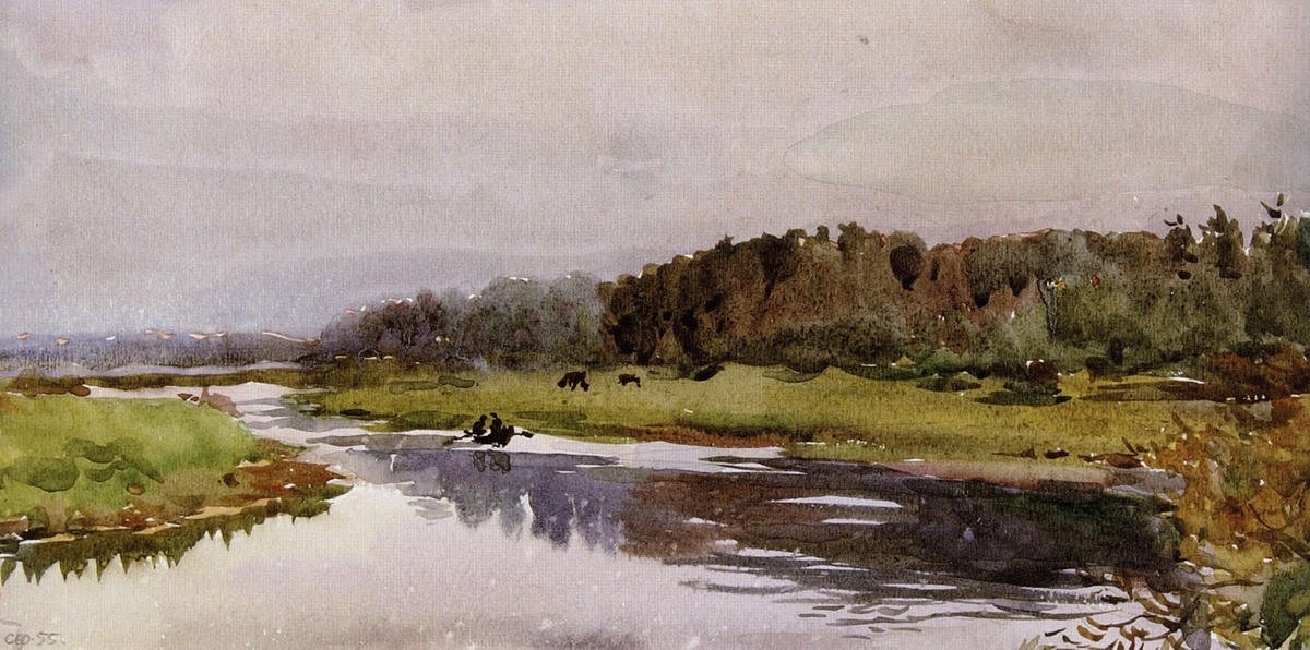 С.К. Фролов.  На Сороти. Бумага, акварель.15 х 30 см. 1955.