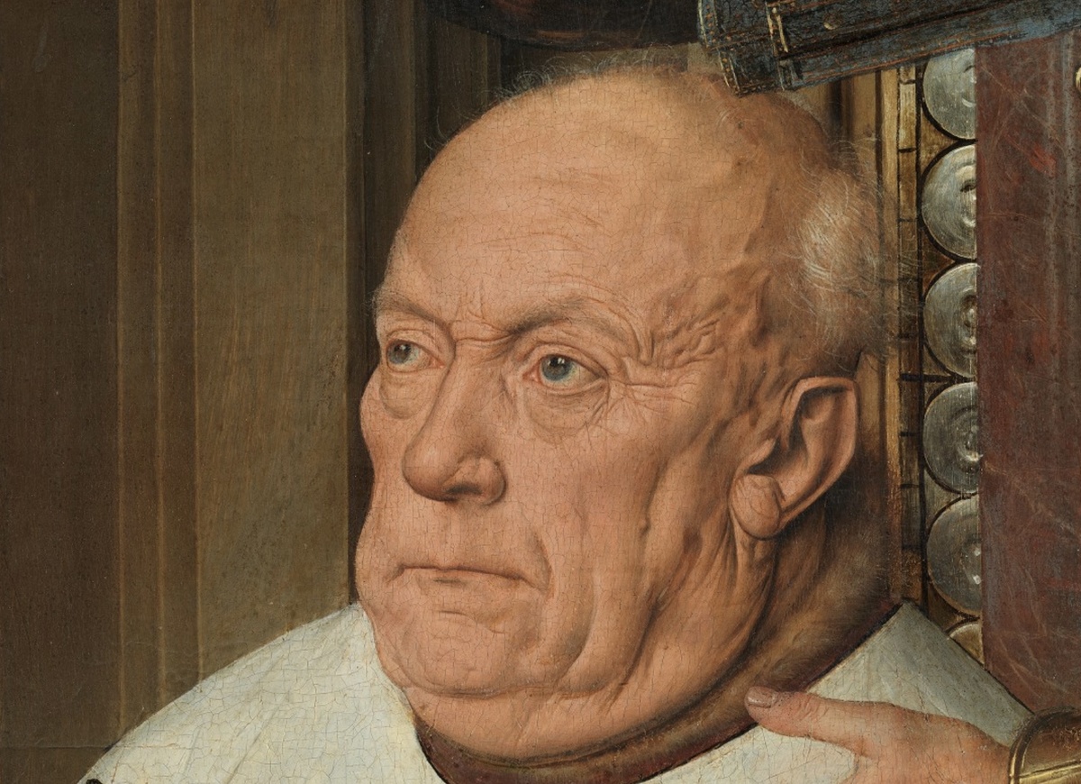 Ян ван Эйк. «Мадонна каноника ван дер Пале». ок. 1434—1436 Дерево, масло. 141 × 176.5 см. Музей Грунинге, Брюгге, Бельгия. Фрагмент. 