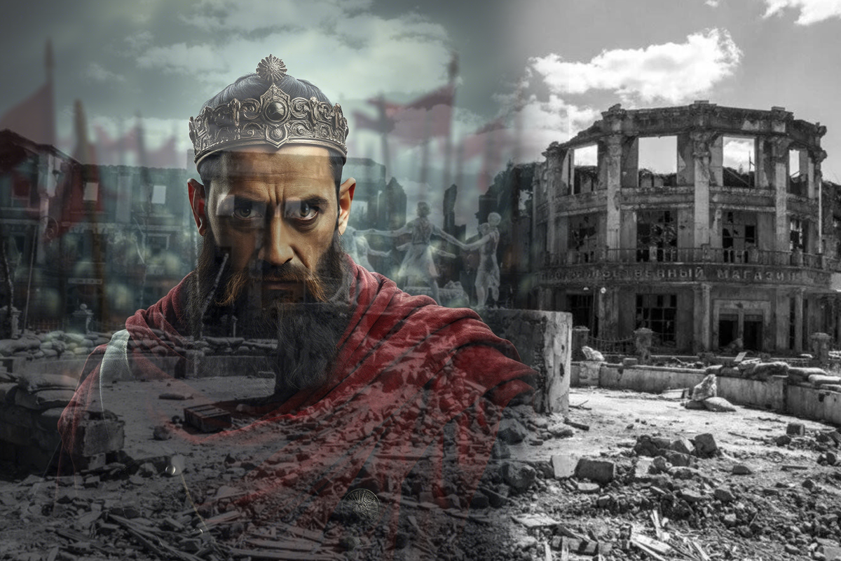 Тамерлан на фоне разрушенного Сталинграда (авторский коллаж)