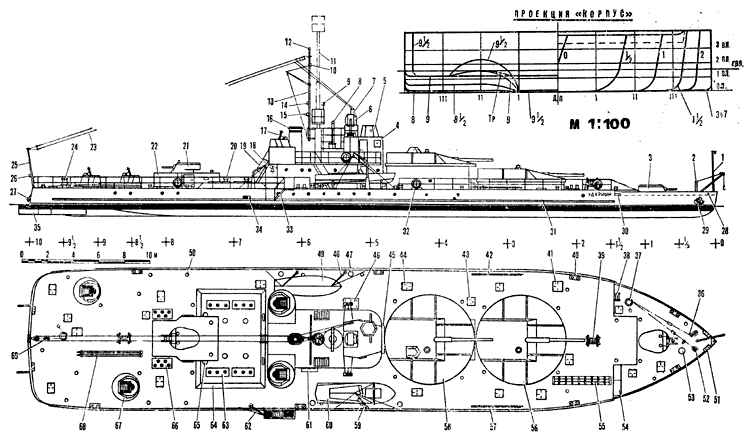 МОНИТОР «УДАРНЫЙ»: 1 — гюйс-шток со штаговым огнем, 2 — крамбол, 3 — носовой 45-мм полуавтомат типа «41-К», 4 — рубка, 5 — башенка двухметрового дальномера, 6 — прожектор 60 см, 7 — радиоввод, 8 — пост управления зенитным огнем (полутораметровый дальномер), 9 — прожектор 45 см. 10 — топовый огонь, 11 — подъемный корректировочный пост, 12 — клотиковый огонь (верхний — красный, нижний — белый), 13 — фок-мачта, 14 — флагманский огонь, 15 — верхний кильватерный огонь, 16 — кожух дымовой трубы. 17 — счетверенный 7,62-мм зенитный пулемет (4 шт.), 18 — рында, 10 — трап, 20 — вентиляционная головка (4 шт.), 21 — кормовой 45-мм полуавтомат типа «41-К», 22 — подбашенная рубка, 21 — лучевая радиоантенна, 24 — кормовой якорно-швартовный шпиль, 25 — флагшток, 26 — нижний кильватерный огонь, 27 — кормовой якорь Холла, 28 — швартовный клюз (2 шт.), 29 — носовой якорь Холла, 30 — шпигат, 31 — привальный брус (2 шт.), 32 — спасательный круг (8 шт.), 33 — забортный трап, 34 — газовыхлоп главного двигателя (2 шт.), 35 — перо руля (2 шт.), 36 — оттяжной ролик (2 шт.), 37 — носовой якорный шпиль, 38 — трап, 39 — швартовная вьюшка (2 шт), 40 — кнехт (6 шт.), 41, 43, 44, 46 — люки, 42 — багор, 45 — баллоны (6шт.), 47 — корзина (4шт.), 48 — шлюпбалка (2 шт.), 49 — Ял-4, 50 — вентиляционная головка (33 шт.), 51 — киповая планка (4 шт.), 52 — палубный клюз (3 шт.), 53 — горловина, 54 — палубные ящики, 55 — сходня, 56 — 130-мм носовое орудие типа «Б-7», 57 — наметка, 58 — 130-мм кормовое орудие типа «Б-7», 59 — шлюпбалка, 60 — моторный катер, 61 — световой люк, 62 — трапбалка, 63 — световой люк (4 шт.). 64 — фонарь машинного отделения, 65 — лагун (2 шт.), 66 — световой люк (2 шт.), 67 — башенка счетверенного зенитного пулемета (4 шт.), 68 — сваи (2 шт.), 69 — цепной стопор Легофа (3 шт.), 70 — кошма, 71 — лом (2 шт.), 72 — ведро (2 шт.), 73 — трап (2 шт.), 74 — аварийный пластырь, 75 — огнетушитель (4 шт.), 76 — пожарный гидрант (3 шт.), 77 — корзина с пожарным рукавом (3 шт), 78 — бортовые о