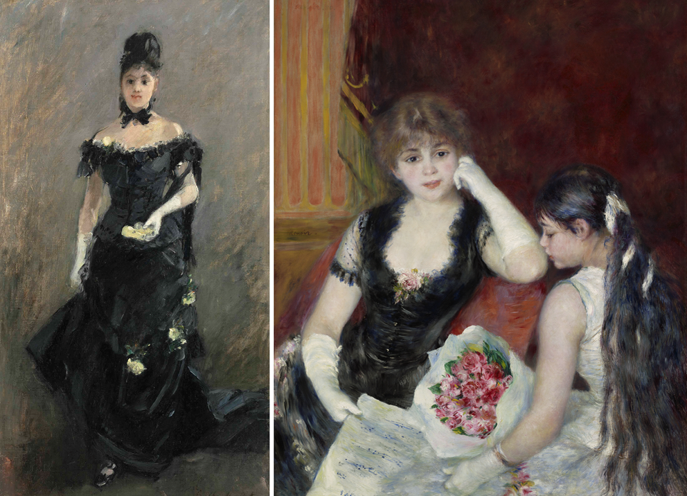 Слева - «Дама в чёрном», Берта Моризо, 1875. Справа - «В ложе Оперы», Пьер-Огюст Ренуар, 1880. (сс) Wikimedia Commons