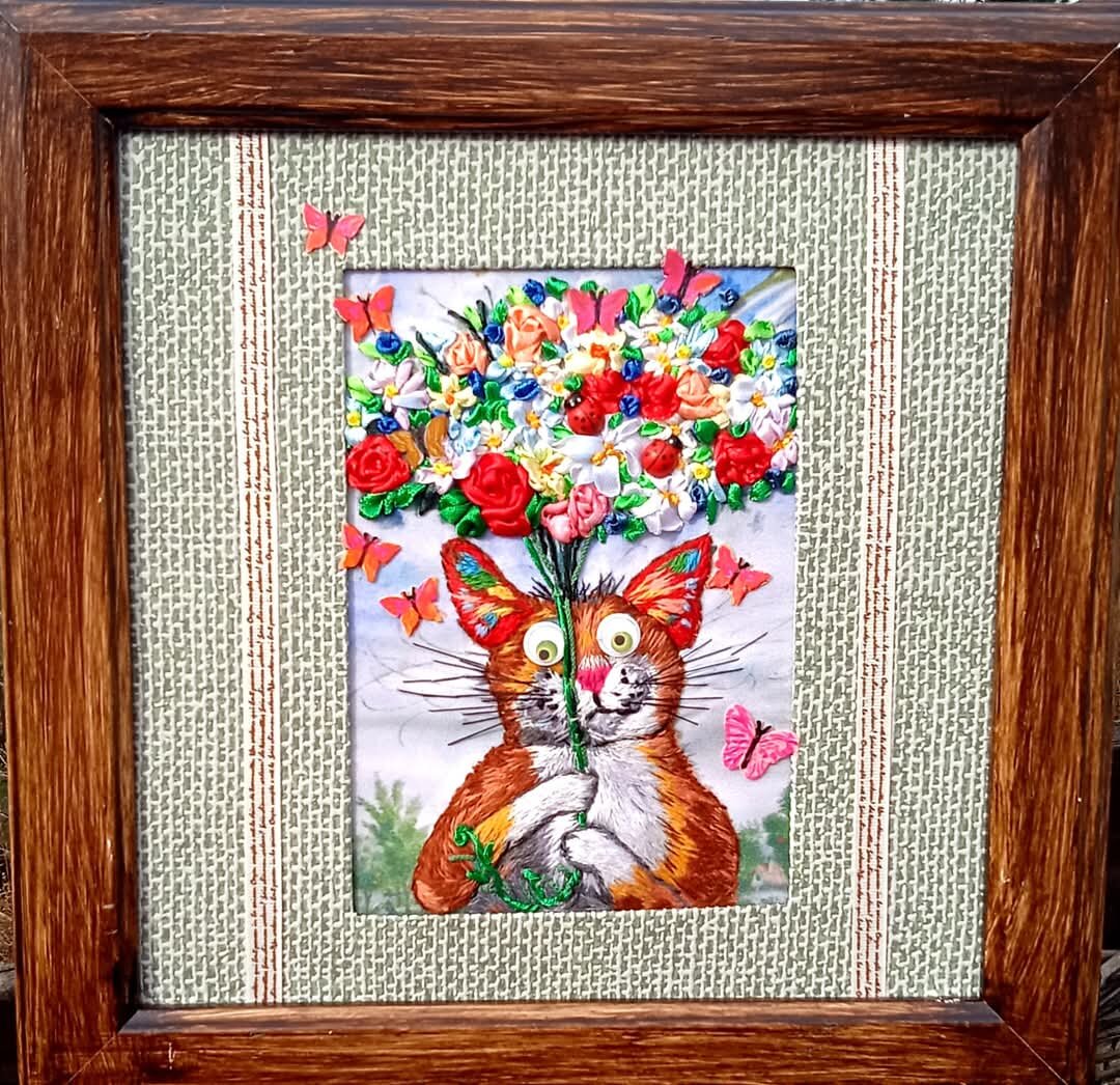 Картина " Мартовский кот и бабочки в животе ". Фото  и вышивка автора.