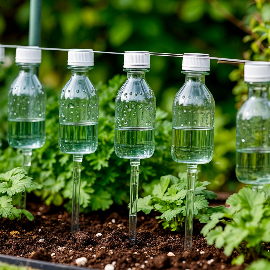 Подвесьте бутылки с отверстиями в крышке над грядкой, закрепив на опоре. Чтобы усилить эффект, присоедините к горлышку гибкую трубку (например, от капельницы) и направьте её к почве. (Примерное изображение)