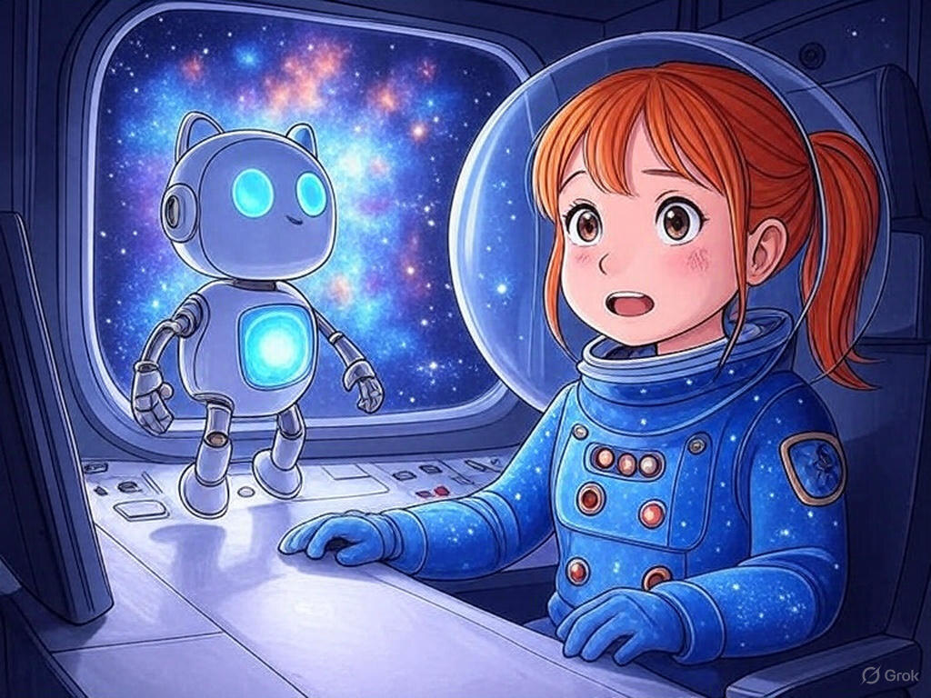 Лира на станции "Галактический Маяк"... Тут Грок явно увлёкся анимешным вайбом... но Искрыч выглядит мило <(^_^)> (Изображение сгенерировано ИИ Grok)