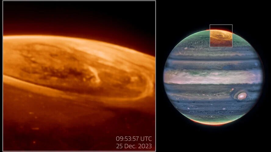 Виды полярных сияний Юпитера с телескопа Уэбб