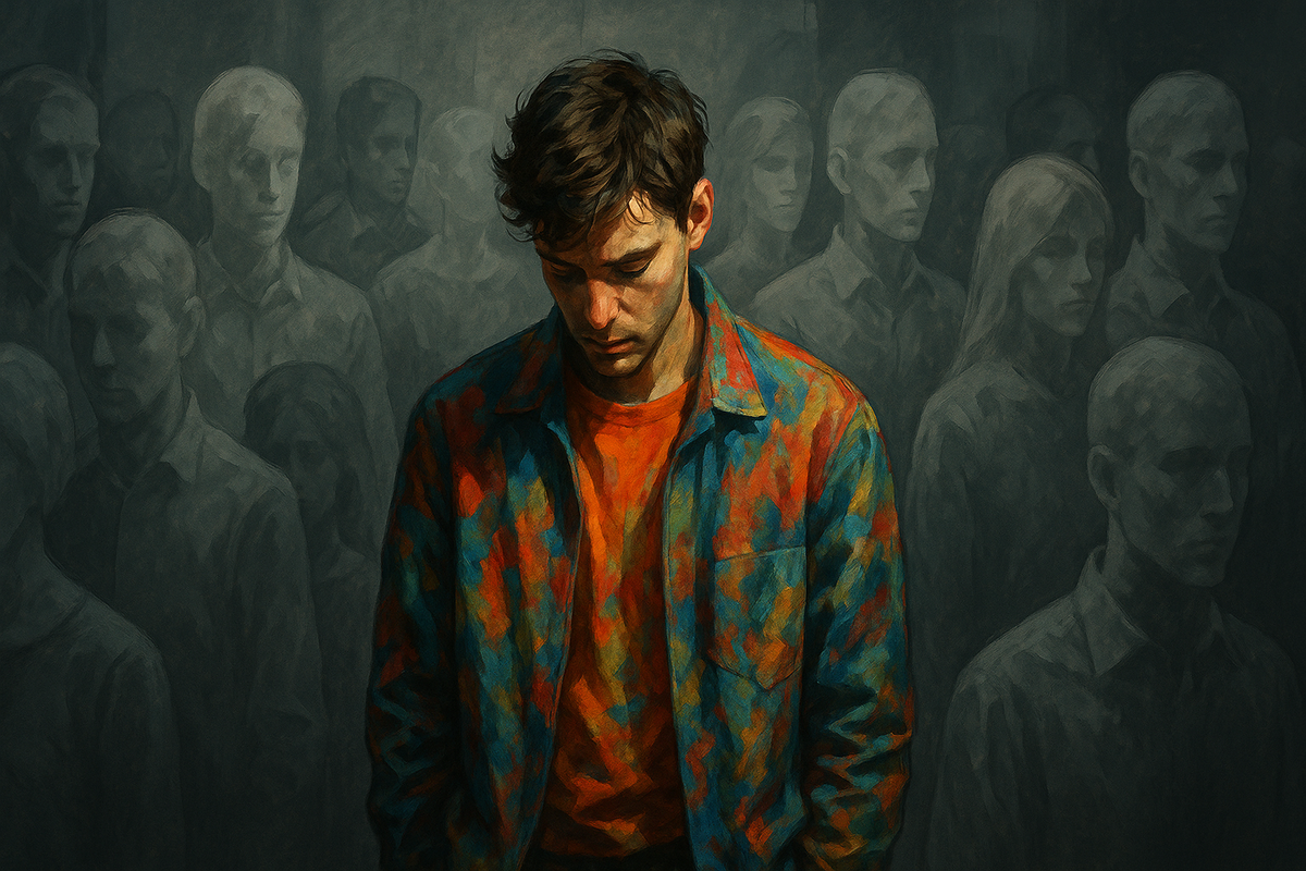 Обида — не только личная боль. Это ещё и чувство исключённости. Иллюстрация передаёт одиночество человека, потерянного среди равнодушной толпы.

