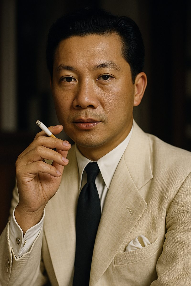 Бао-Дай — последний император Вьетнама, в изгнании
На фото — мужчина лет тридцати, безупречно одетый в кремовый костюм, с сигаретой в руке и спокойным, чуть ироничным взглядом. Этот человек не правит — он позирует. Бао-Дай в своём парижском амплуа: больше денди, чем монарх, больше эстет, чем государь. В его лице — утонченность Востока и светская расслабленность Ривьеры.