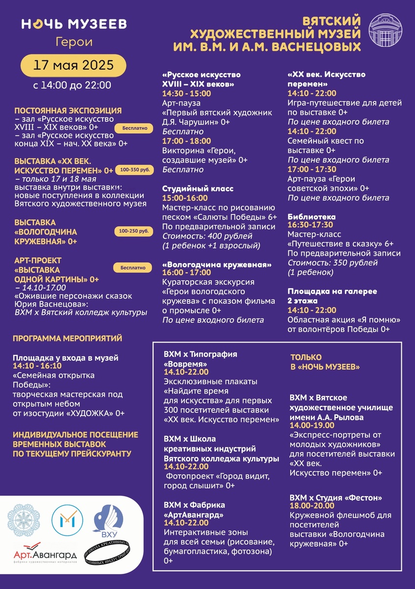 Афиша акции "Ночь музеев" Музея имени В.М и А.М. Васнецовых и его отделений