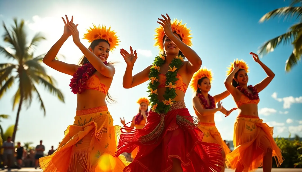 Танцоры, одетые в традиционные гавайские одежы, танцуют под солнечным светом