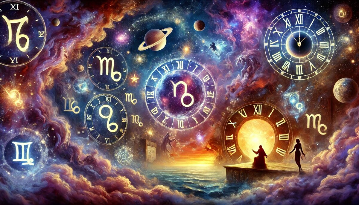 Фэнтезийный пейзаж гороскоп на сегодня с небесными часами, зодиакальными символами и космическими порталами в облаках