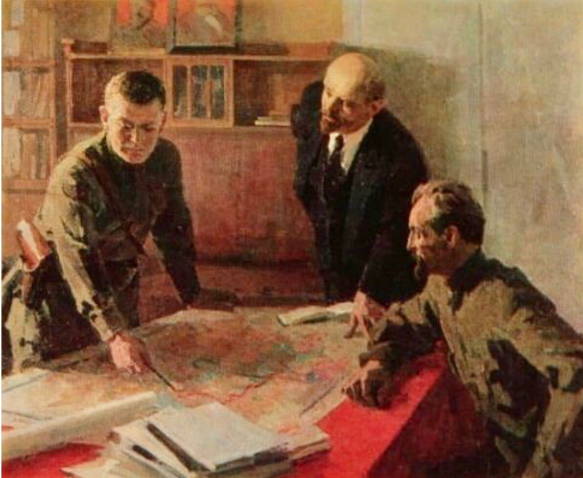 Николай Толкунов. «Ленин и Дзержинский слушают доклад комиссара пограничной охраны П.Ф.Федотова». 1959
