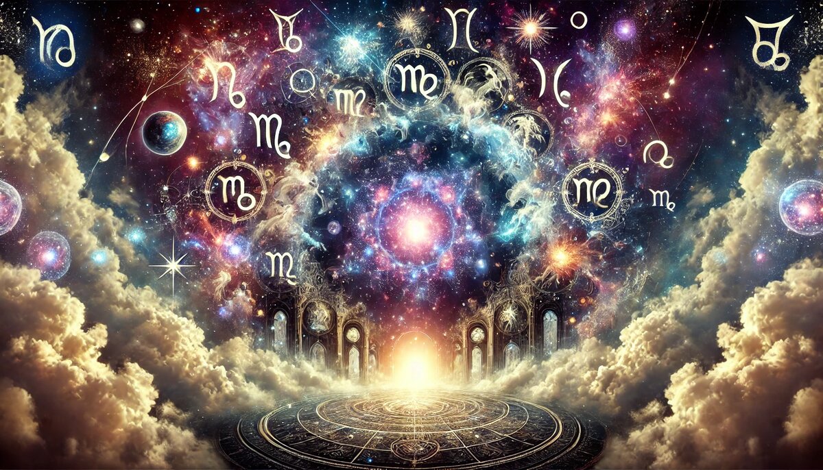 Иллюстрация гороскопа: сияющий зодиакальный круг в галактике с облаками и световыми вратами