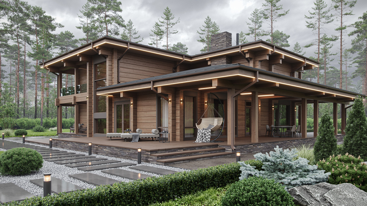 Коттедж в стиле Райта из клееного бруса