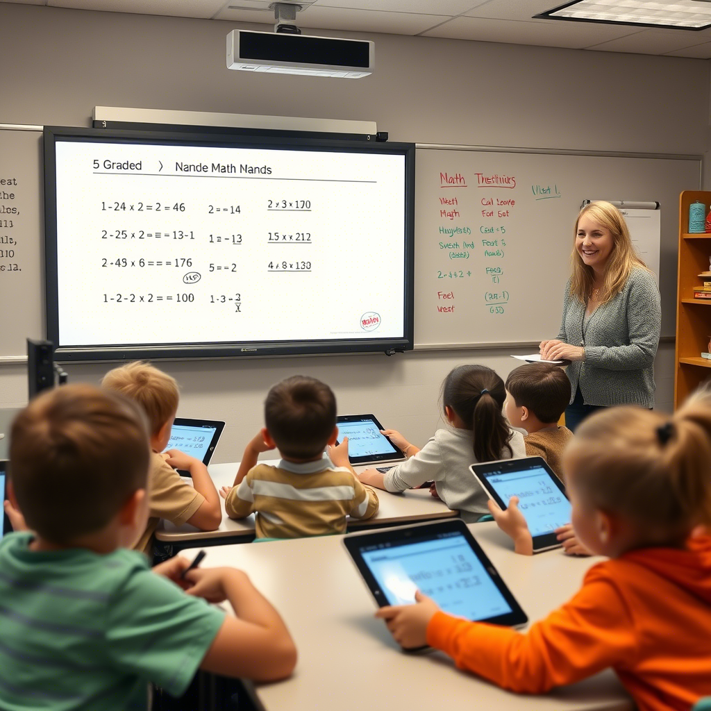 Урок математики в 5 классе с использованием ИИ (изображение сгенерировано нейросетью)