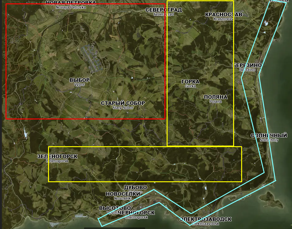 Синим цветом - обазначена зона берега. Тут сдохнуть не так обидно. Лут как правило низкоуровенвый. Жетлым - зона центра. Тут уже выше шанс столкнуться с таким же любителем полутаться. Но и здесь - не сказать что чаще встретишь игроков. Ну и коненчо красная зона - старый собор, военная база СЗ Аэродром, военная база севернее северограда. Здесь нужно быть начеку.
