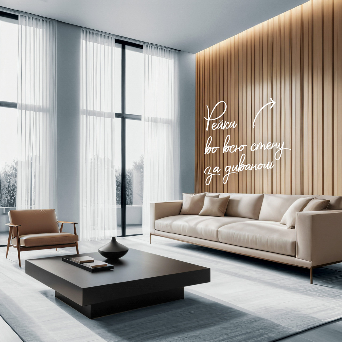 Классический вариант использования реек в интерьере гостиной — их размещение во всю стену за диваном. Обычно этого достаточно, чтобы добавить выразительности, не перегружая пространство. Дополнительно на такую стену можно повесить декор: картины, постеры или панно.