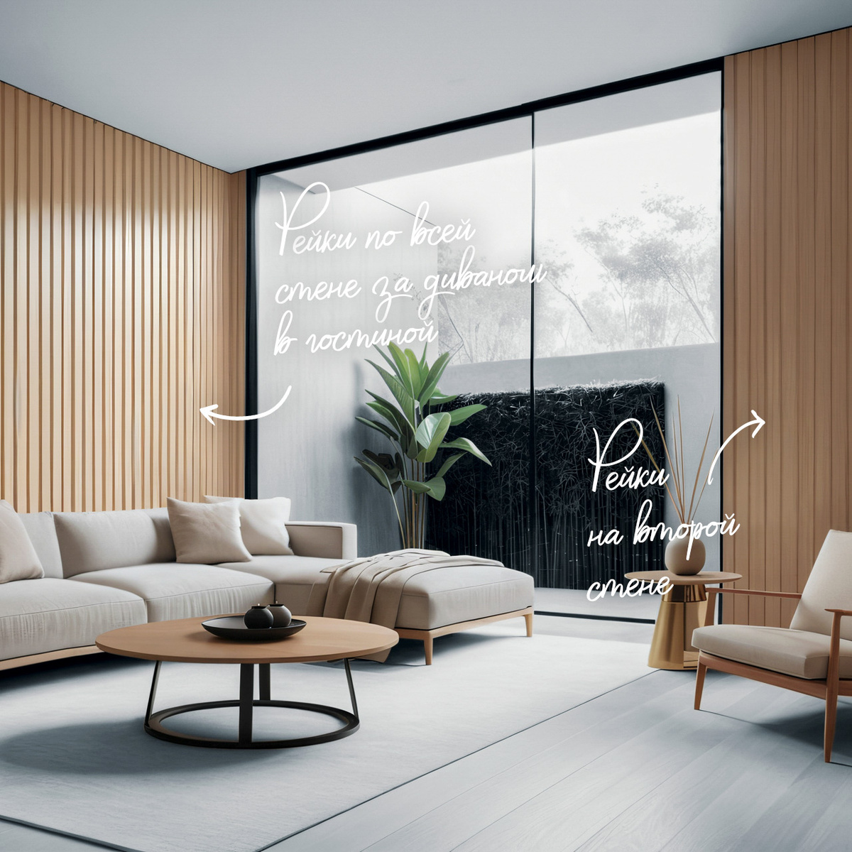 Рейки во всю стену за диваном можно поддержать, оформив ими еще одну небольшую стену в гостиной. Такой прием сохраняет легкость интерьера, объединяет пространство стилистически и добавляет атмосфере загородного уюта — еще больше тепла и комфорта.