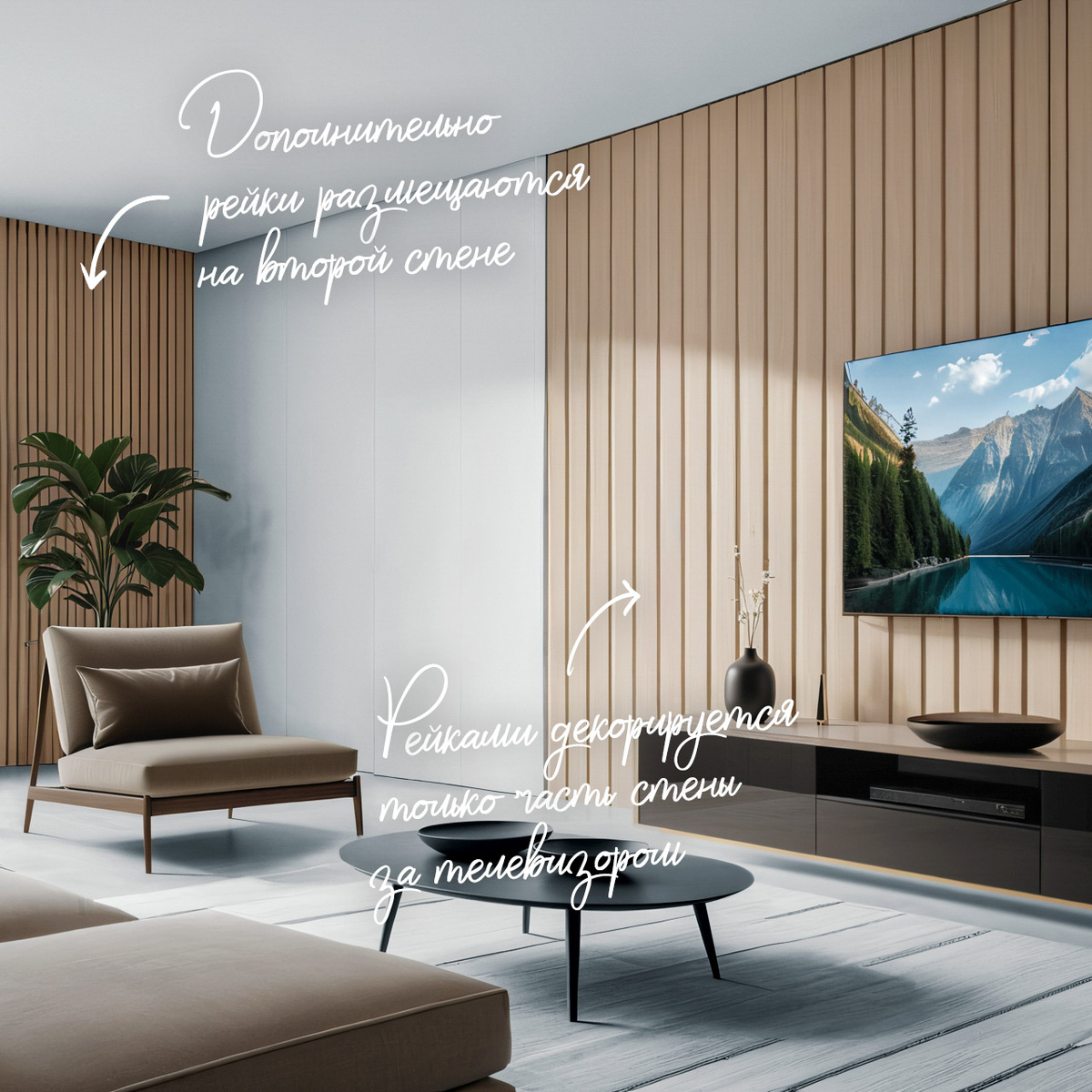 Альтернативный вариант — разместить рейки в ТВ-зоне. Их можно пустить вдоль всей стены или использовать лишь часть. Особенно эффектно смотрится асимметричное расположение. Для завершённости образа можно оформить рейками и соседнюю стену.
