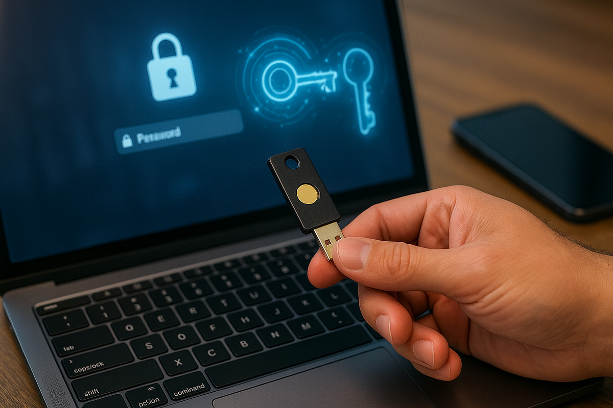 Рука вставляет аппаратный security-ключ в ноутбук, на экране — иконка замка и мерцающая схема «ключ-замок»: наглядный образ криптографии passkeys, защищающей вход без паролей.
