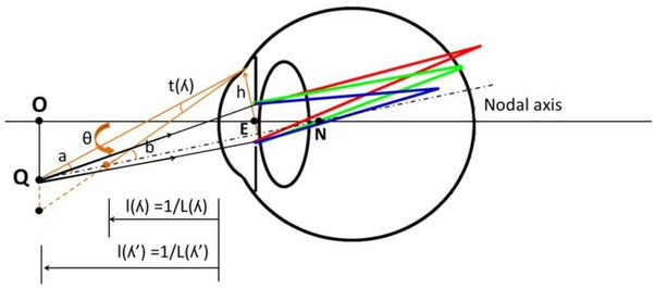 Схема глаза и преломления синего цвета