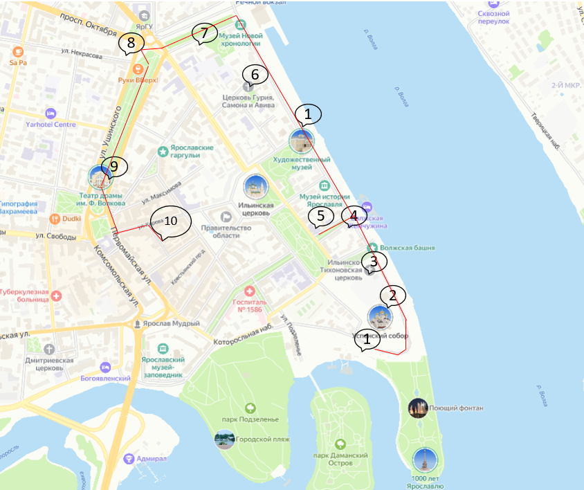 Карта пешеходного тура по Ярославлю