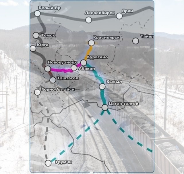 © Пресс-служба Совета Федерации / кадр из презентации (Линия «Курагино – Кызыл» с продлением до Монголии и КНР на карте, представленной в ходе одного из выступлений на Заседании Совета по вопросам развития Сибири при Председателе Совфеда РФ на тему «Актуальные вопросы развития транспортно-логистического каркаса Сибири», апрель 2025 г.)