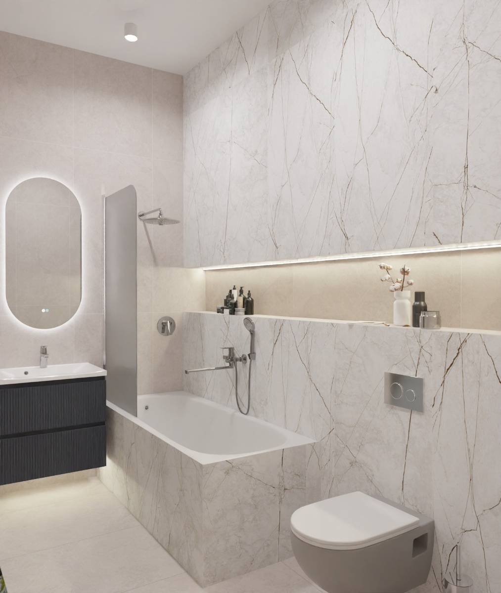 ванная комната с крупноформатным керамогранитом Idalgo, Sandra, 60х120