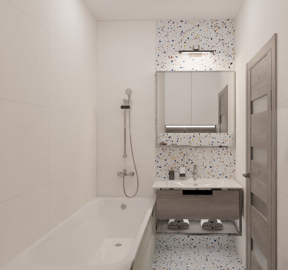 сочетание моноколора "Уральский гранит" и акцентного терраццо в зоне зеркала и на полу Limone Rocco