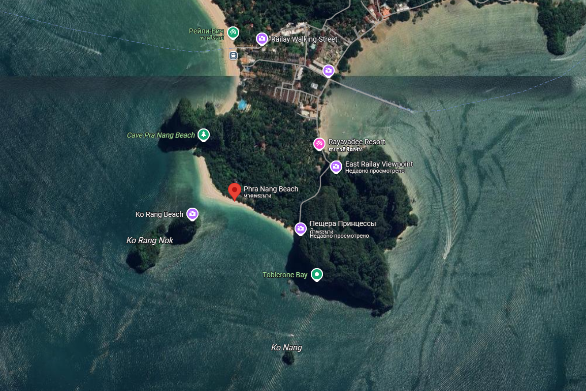 Пляж Phra Nang Beach на карте. Скрин с моего компьютера.