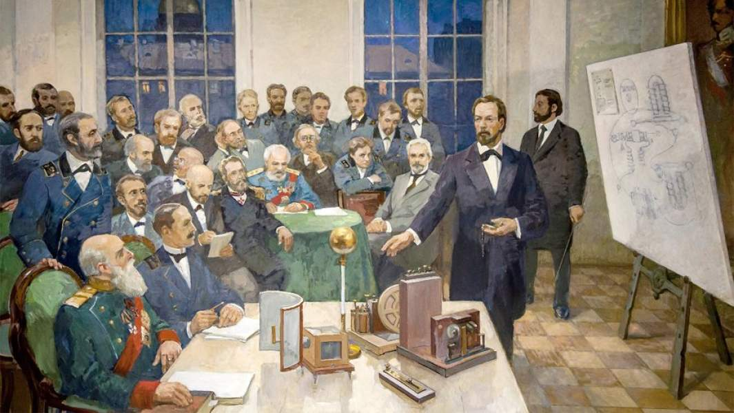 А. Шимко. "А. С. Попов на заседании Российского физико-химического общества демонстрирует изобретённый им радиоприёмник-грозоотметчик"