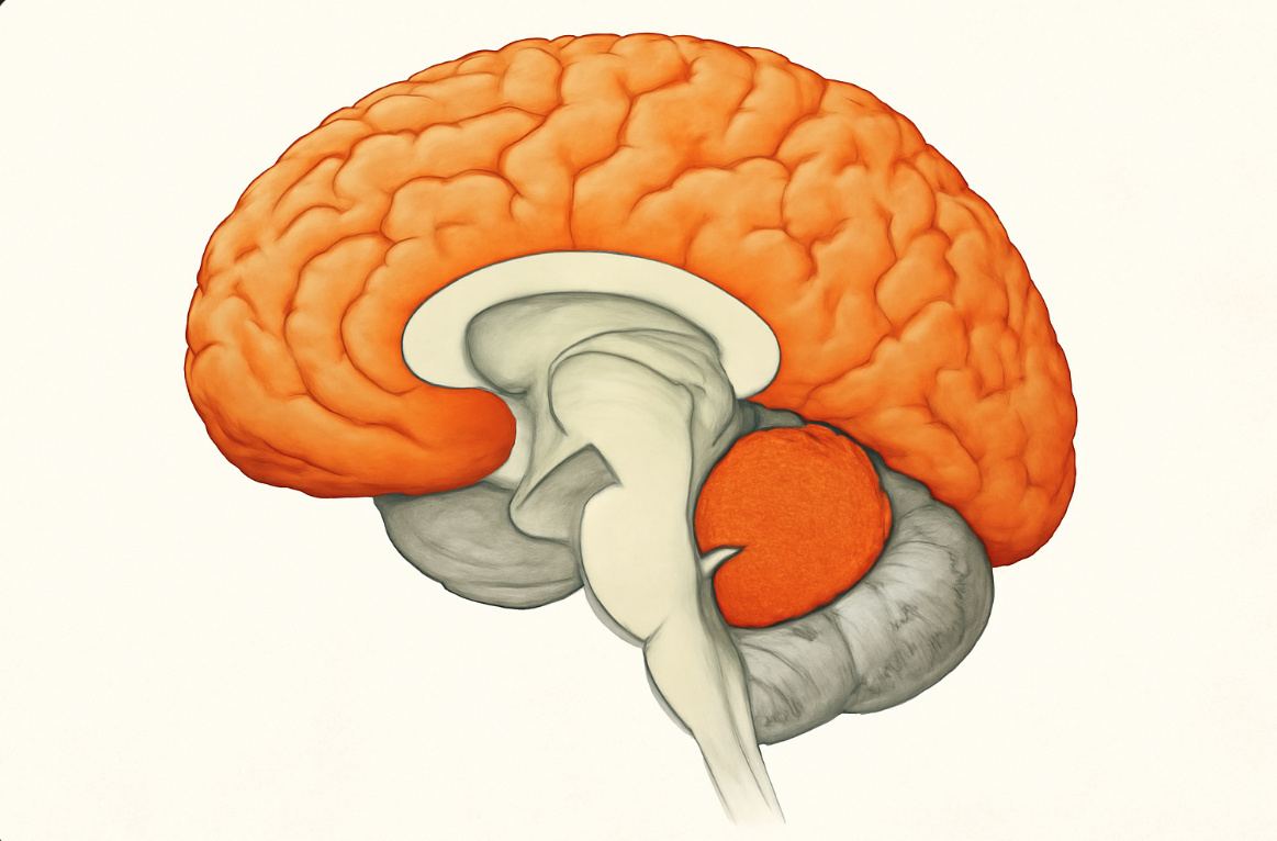 Миндалевидное тело и кора головного мозга выделены цветом