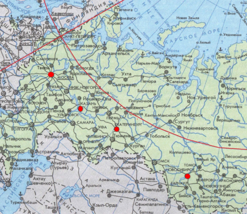 Пример расположения городов РФ.