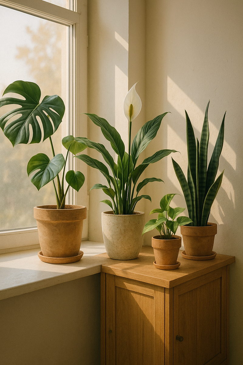 Уютный подоконник с разнообразными комнатными растениями, освещённый мягким утренним светом.