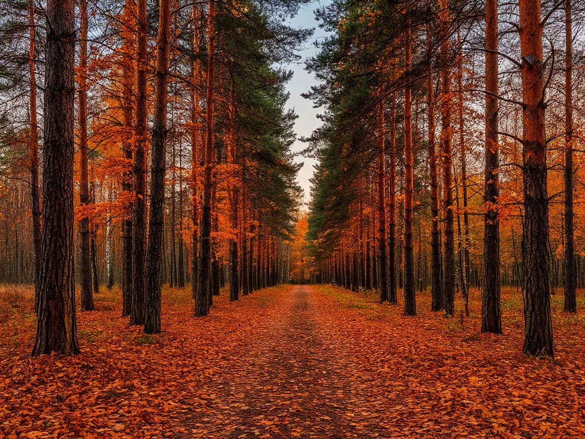 Безмятежная лесная тропинка, покрытая ковром из опавших оранжевых листьев среди высоких, темных стволов хвойных деревьев