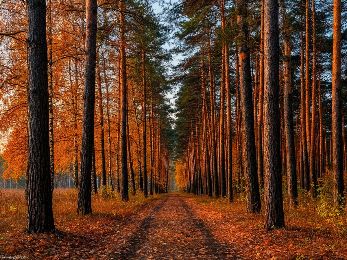 Золотая осень в сосновом лесу длинная прямая дорога, уходящая вдаль между высокими деревьями, чьи кроны пропускают мягкий свет