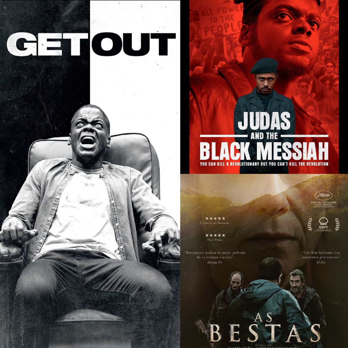 Постеры фильмов “Прочь”, “Иуда и черный мессия ”, “Хищники”.